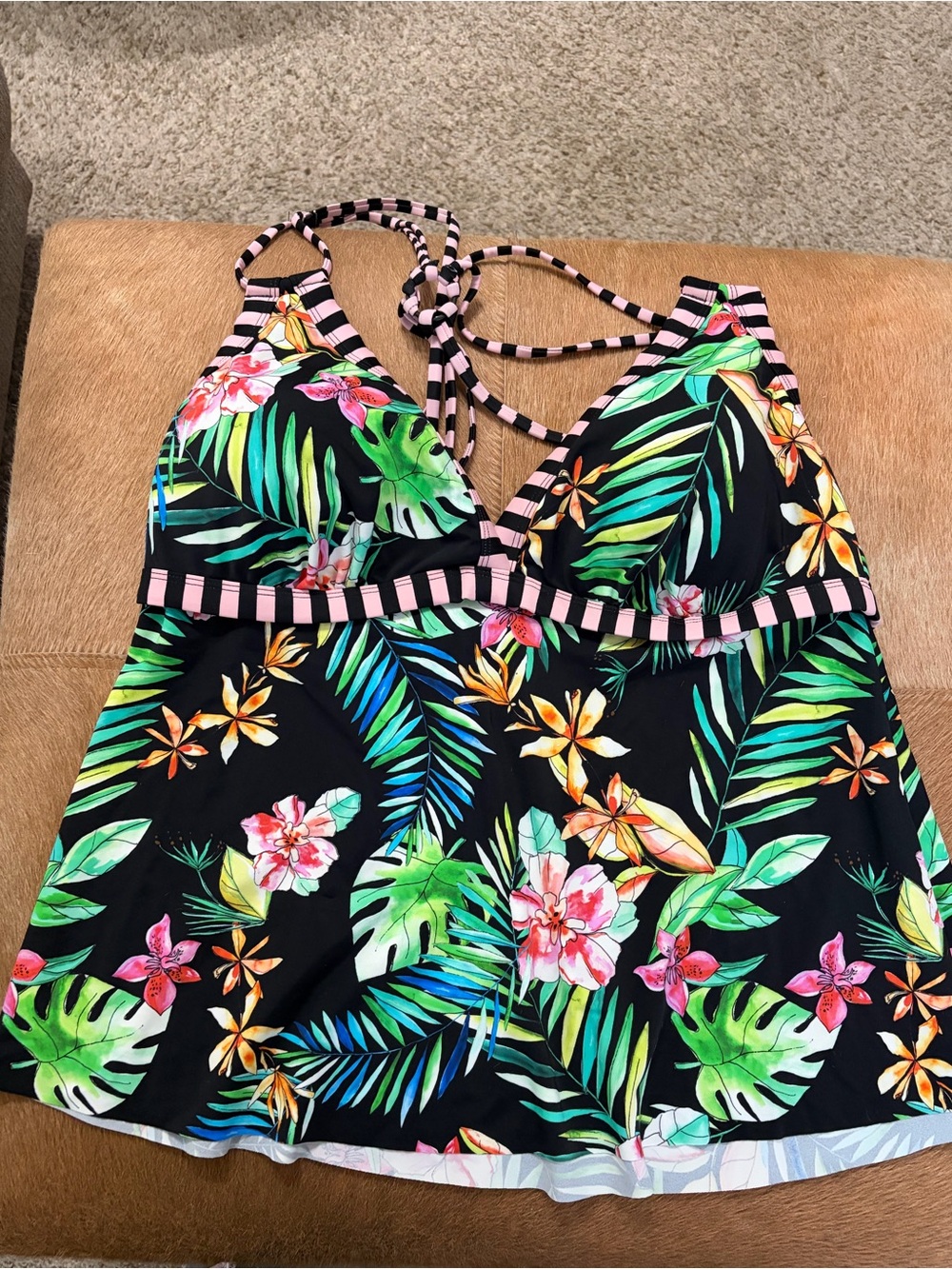 Swimsuits For All Black Tankini Top with Floral Design and Black Skirt Bottom